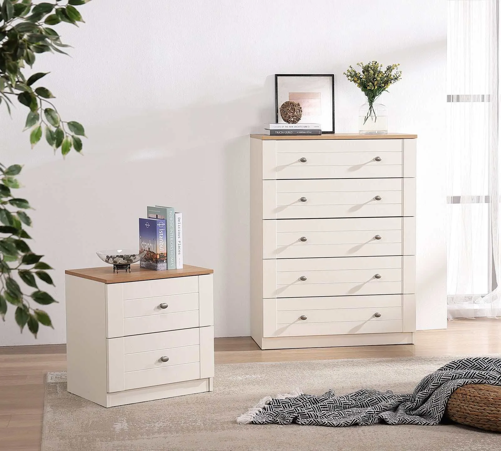 MerryLuk Harriet Chest of 5 Drawers Dresser with 2 Drawer Bedside Table