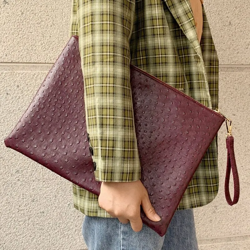 Ostrich Python Maroon Women's Leather Laptop Bag With Short Wristlet