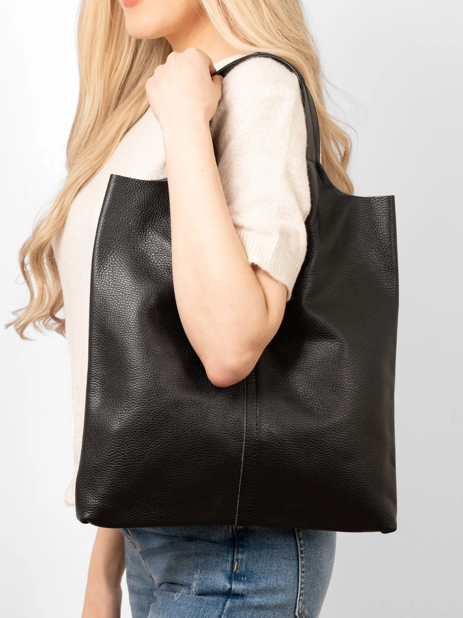 Paloma Italian Leather Shoulder Bag - Black, Pebbled