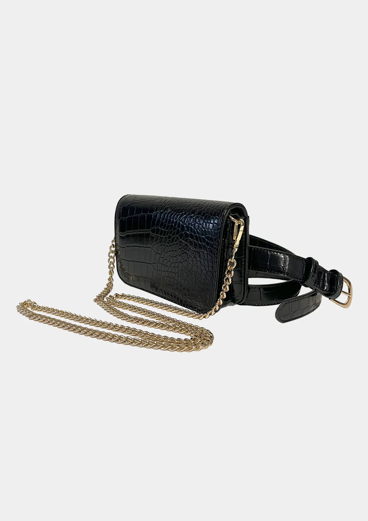 PATENT LEATHER CROCO CROSSBODY CHAIN BELT BAG