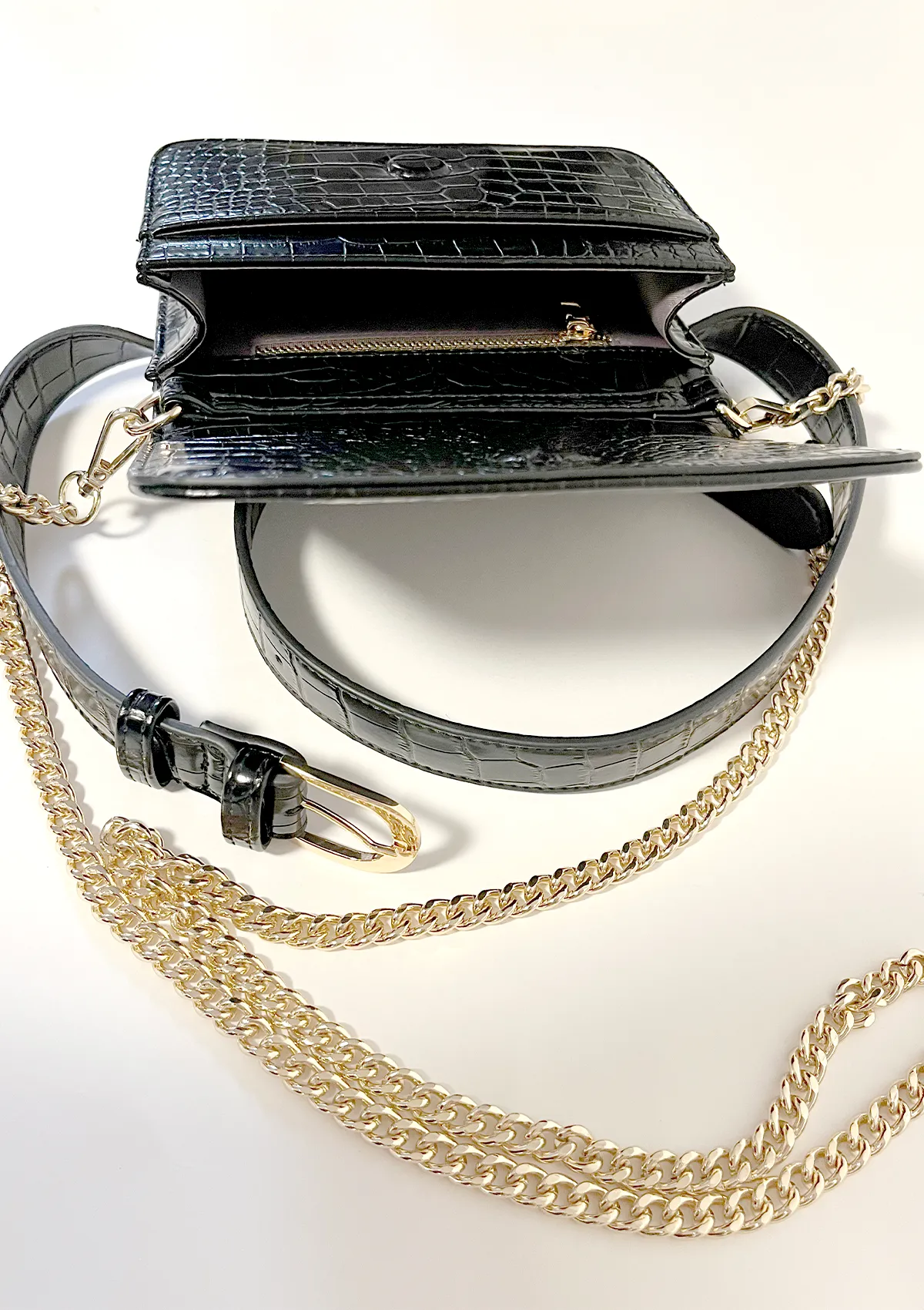 PATENT LEATHER CROCO CROSSBODY CHAIN BELT BAG