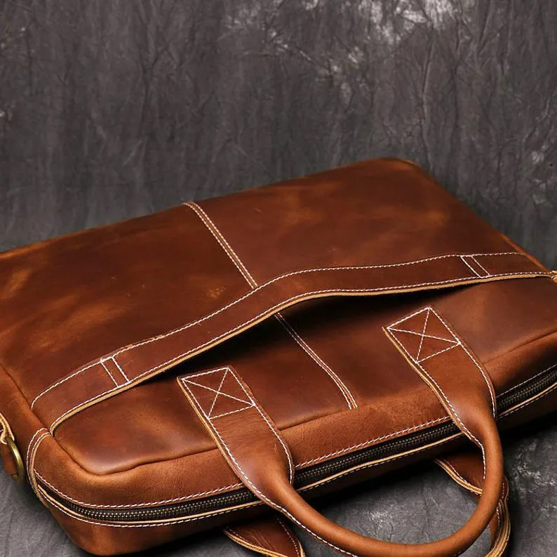 Personalized 16“ Leather Briefcase  Messenger Bag