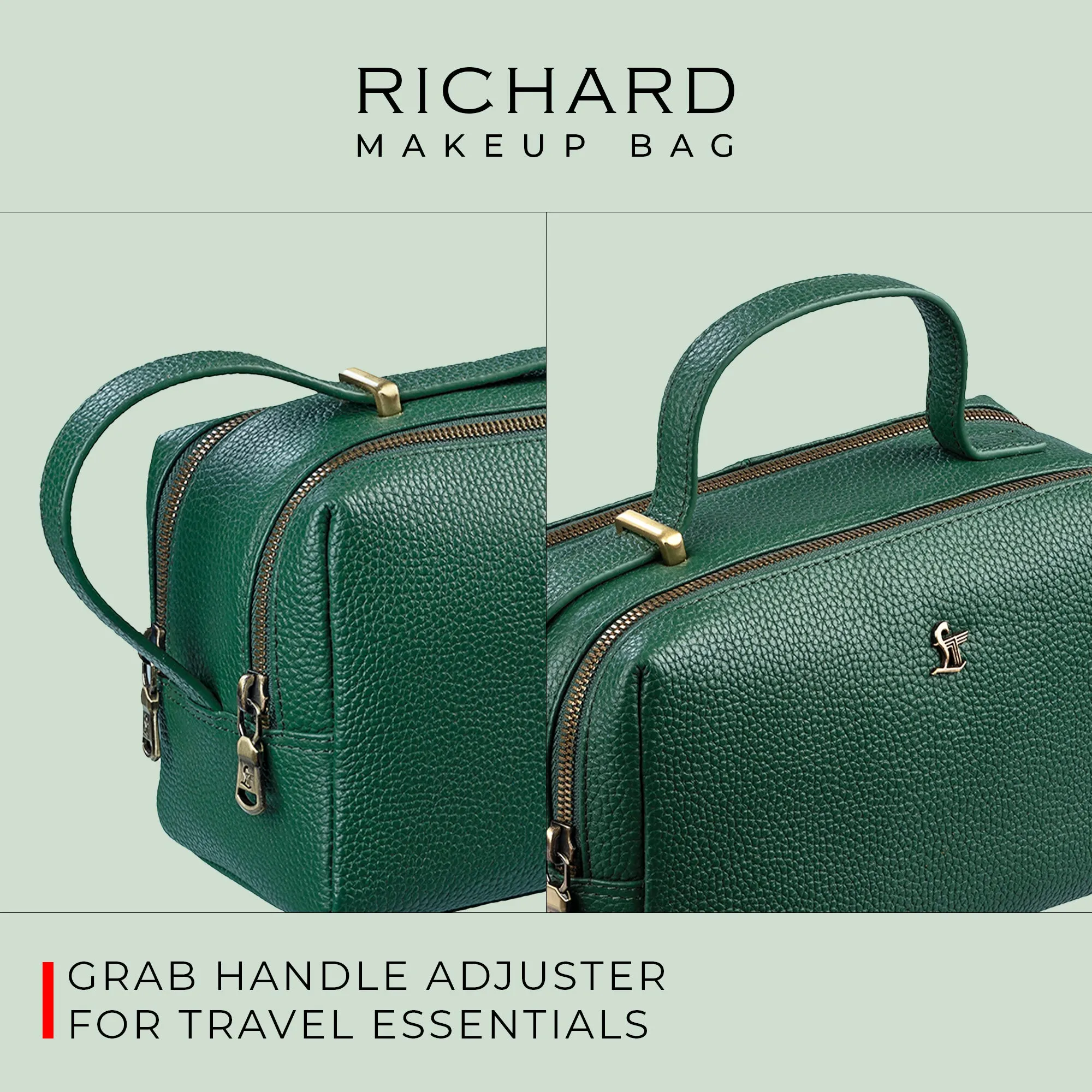 Richard's Genuine Leather Makeup Bag for Women | Makeup Organizer Bag | Cosmetic bag for Travel | Color: Green