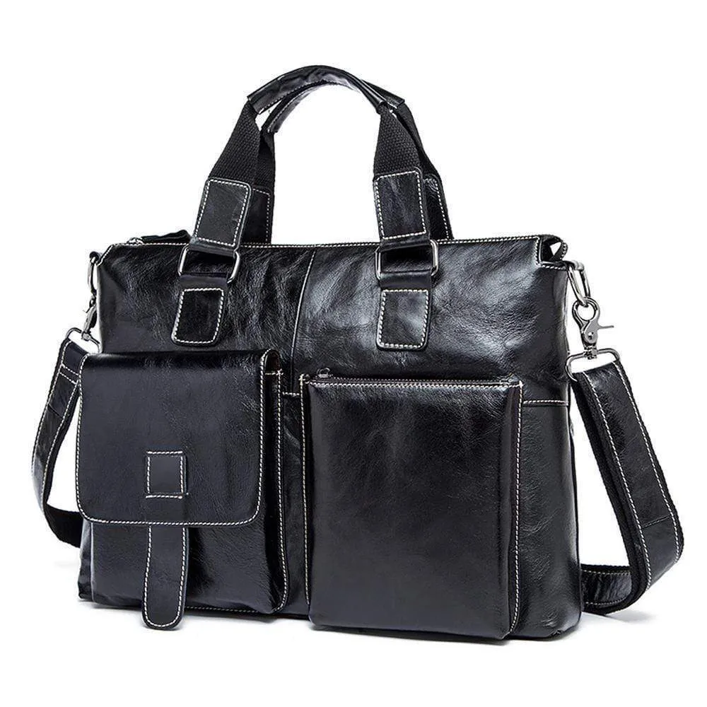 Rossie Viren  Men's Bunished Vintage Leather14" Laptop Shoulder Top Handle Bags Black