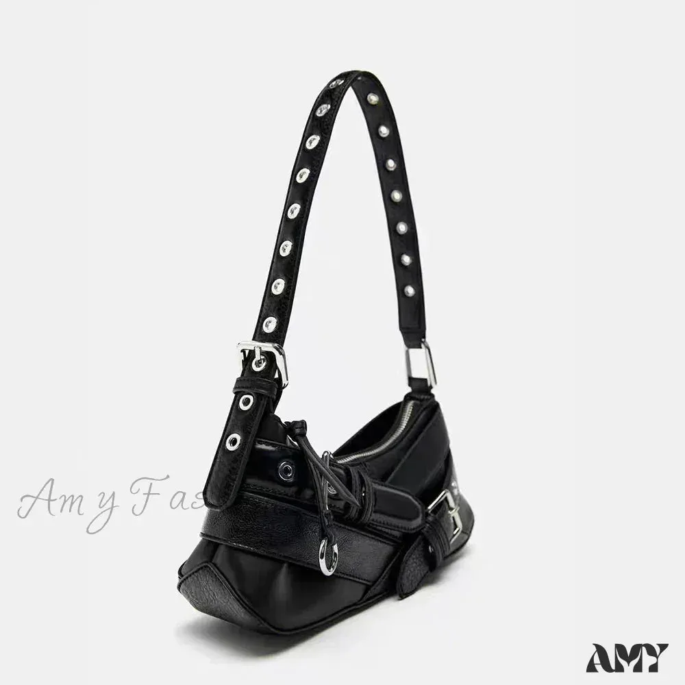 School Bag Fashion Punk Skeleton Rivet Black PU Backpack Y2K Chain Goth Women Leather