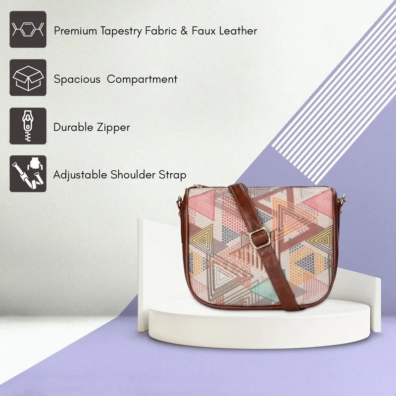 THE CLOWNFISH Garnet Series Printed Handicraft Fabric & Tapestry Crossbody Sling Bag for Women Ladies Single Shoulder Bag Shoulder Belt (Multicolour-Triangle)