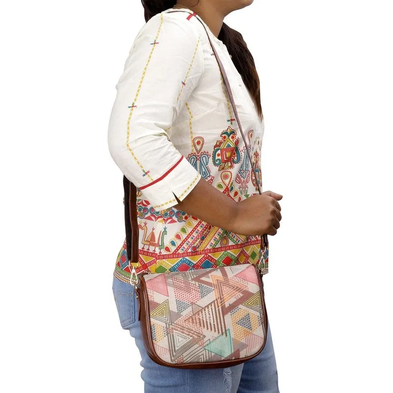 THE CLOWNFISH Garnet Series Printed Handicraft Fabric & Tapestry Crossbody Sling Bag for Women Ladies Single Shoulder Bag Shoulder Belt (Multicolour-Triangle)