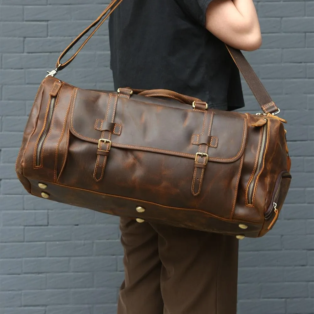 Top Genuine Leather Travel Bag Mens Luggage Duffel Bag