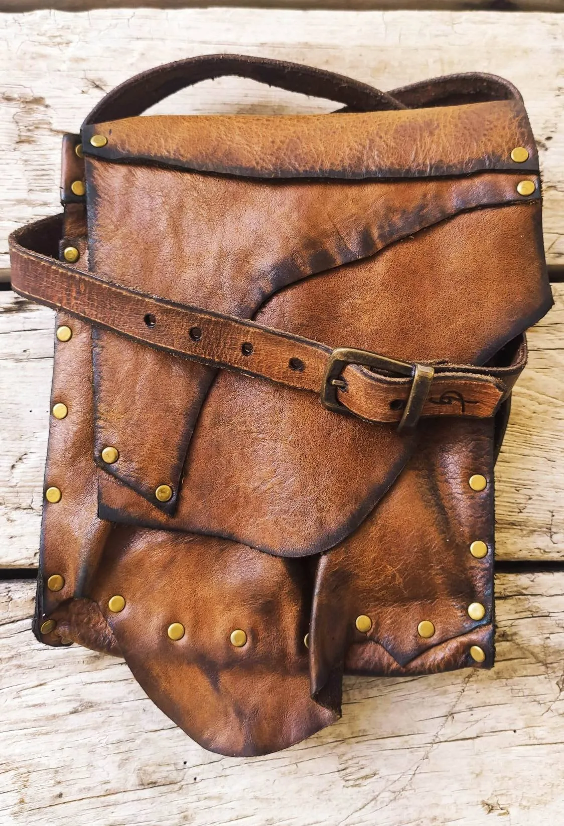 Unisex Brown Leather Crossbody Bag - Vintage Viking Style - Gift for Him