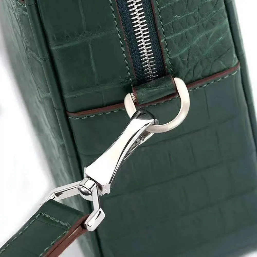 Unisex Crocodile Leather Laptop Briefcase with Pass Through Trolley Handles Dark Green