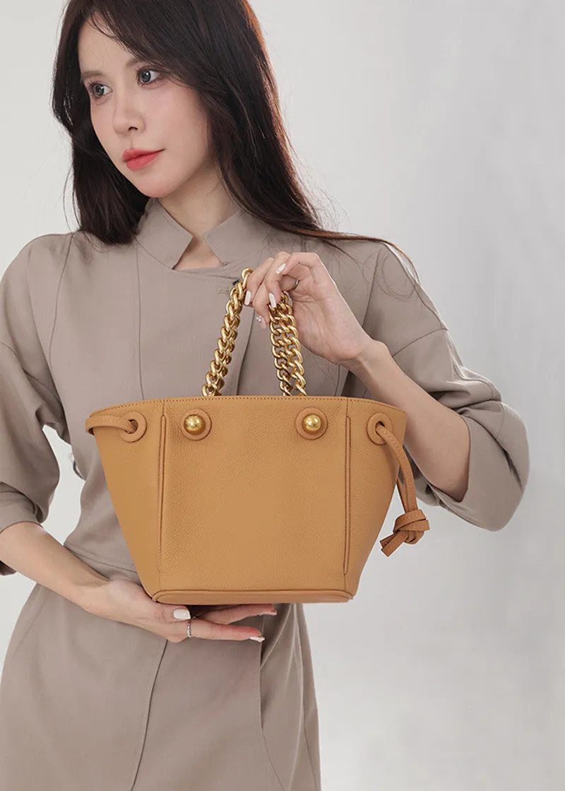 Versatile Chunky Chain Pebbled Leather Bucket Bag