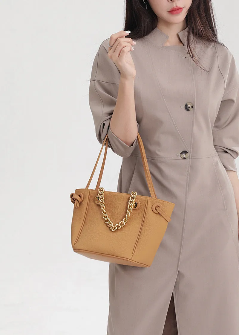 Versatile Chunky Chain Pebbled Leather Bucket Bag