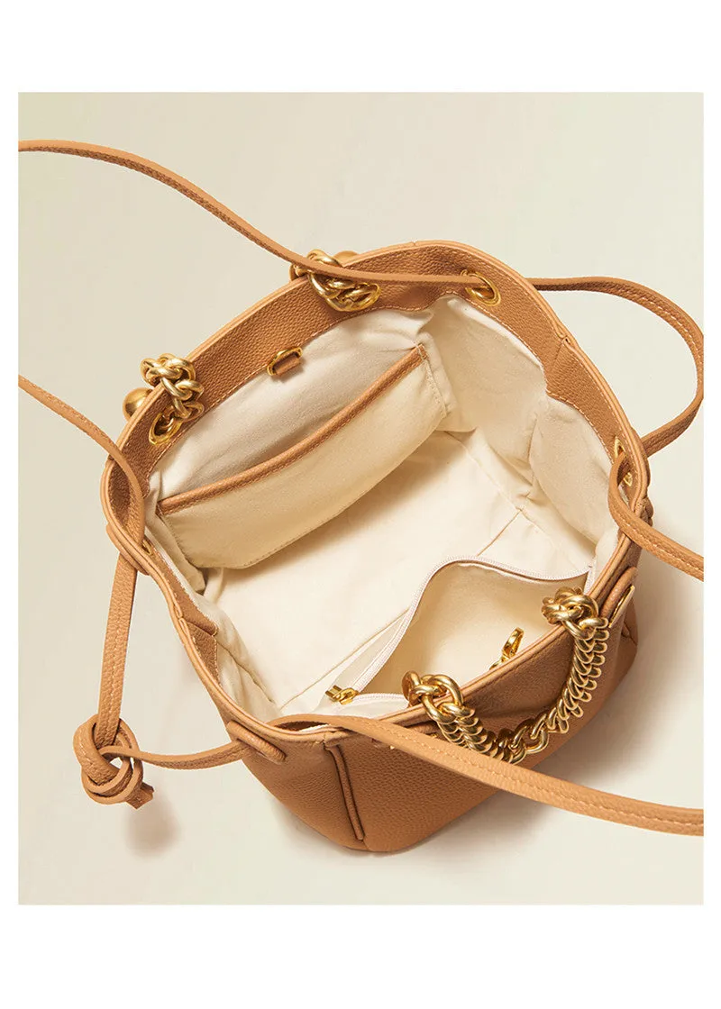 Versatile Chunky Chain Pebbled Leather Bucket Bag