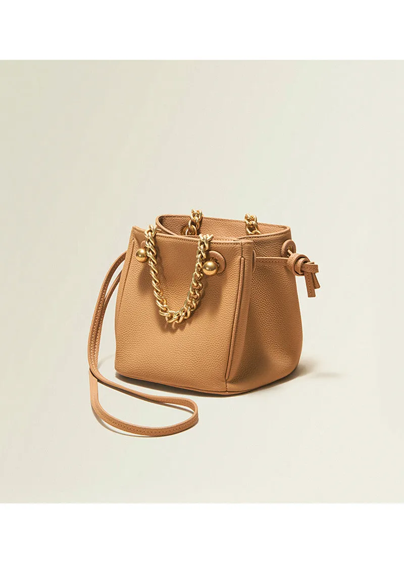 Versatile Chunky Chain Pebbled Leather Bucket Bag