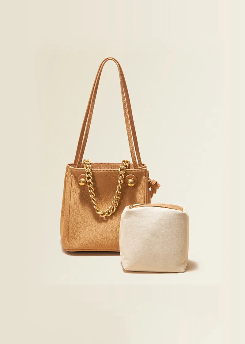 Versatile Chunky Chain Pebbled Leather Bucket Bag