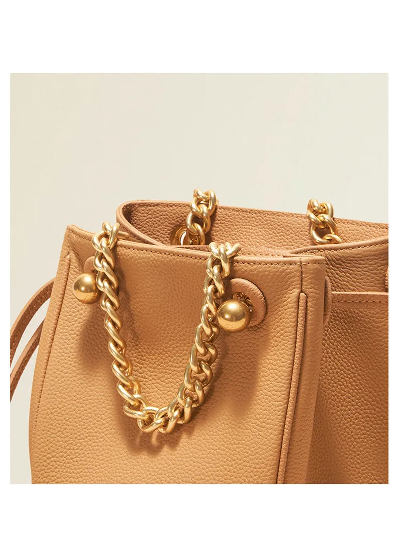 Versatile Chunky Chain Pebbled Leather Bucket Bag