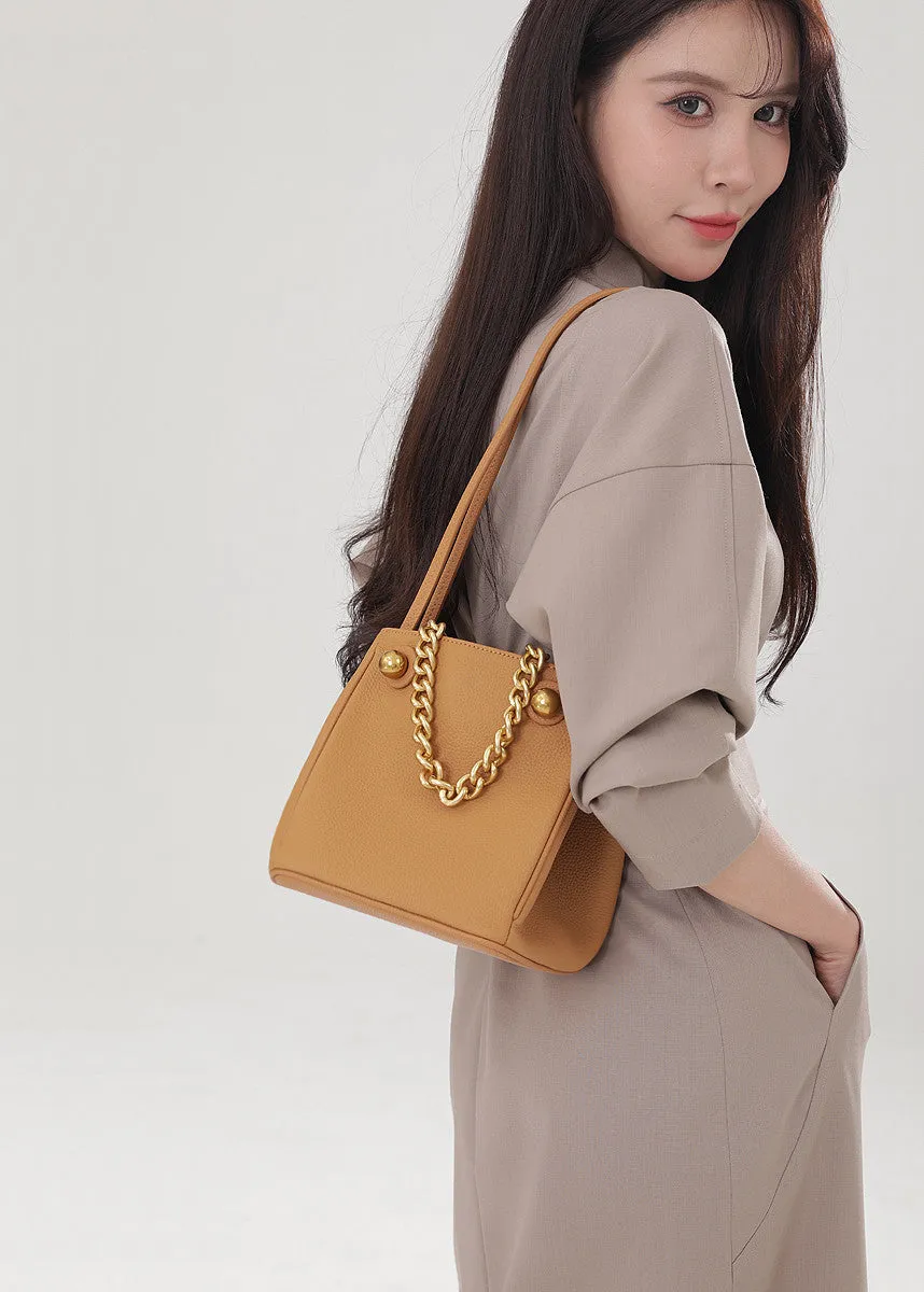 Versatile Chunky Chain Pebbled Leather Bucket Bag