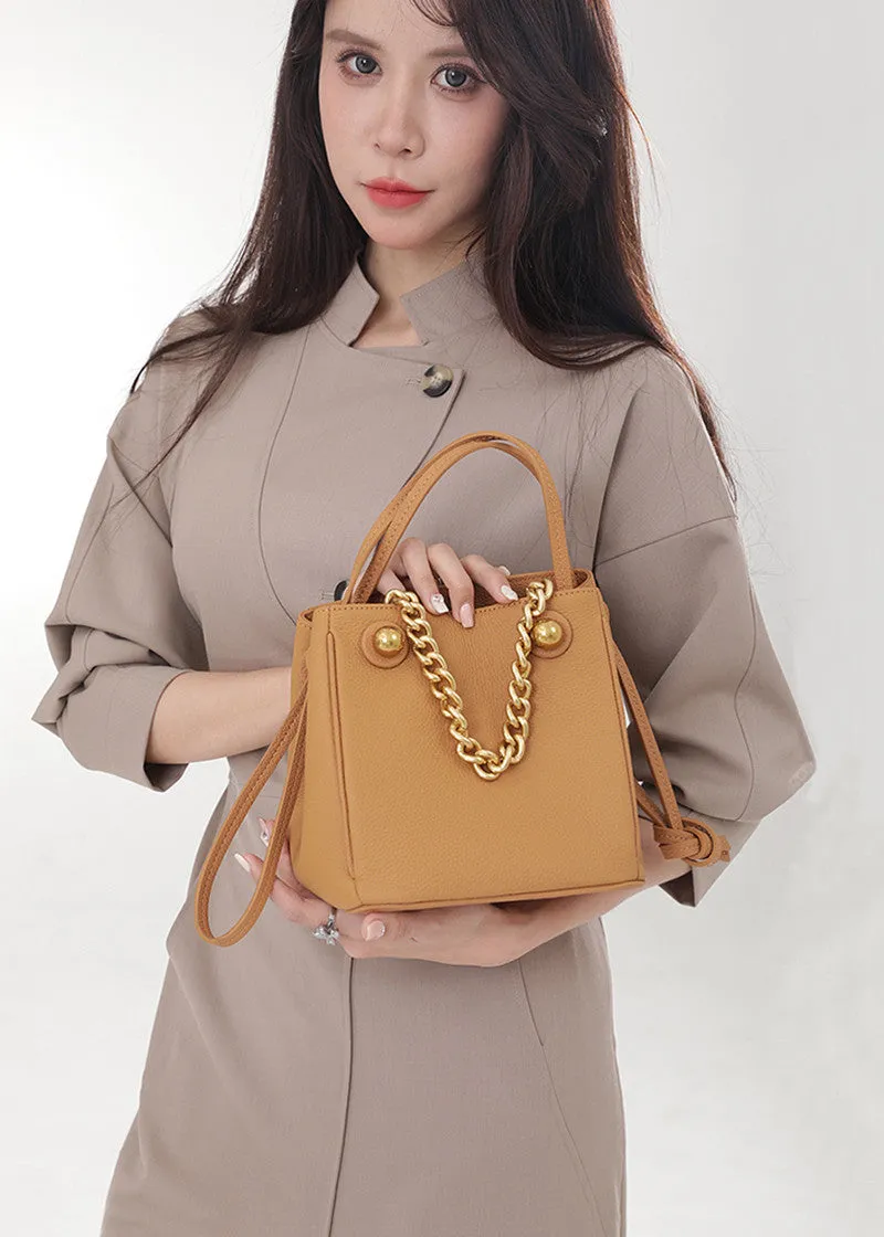 Versatile Chunky Chain Pebbled Leather Bucket Bag