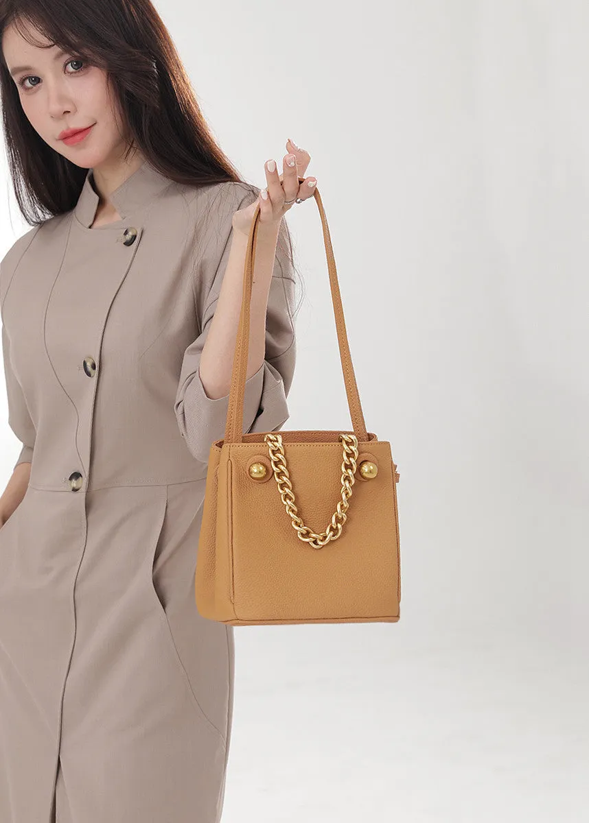 Versatile Chunky Chain Pebbled Leather Bucket Bag