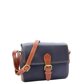 Women Genuine Leather Crossbody Bag Satchel Saddle HANNAH Navy/Tan