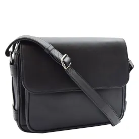 Womens Cross Body Real Leather Messenger Bag Flap Over Organiser HOL325 Black